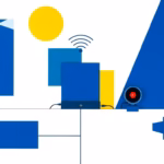 Suprematist abstract painting in the style of Kazimir Malevich featuring a minimalist wireless home alarm system: a central hub unit with a SIM module, radiating radio waves and a bold siren. Minimalist composition of bold navy blue and vibrant yellow geometric shapes on a stark white background. Flat textures, sharp edges, avant-garde electrical concept, no humans, no text.