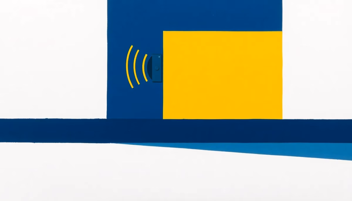 Suprematist abstract painting in the style of Kazimir Malevich, featuring a modern pool alarm sensor mounted on the edge of a rectangular swimming pool and emitting bold sound waves over the water. Minimalist composition of bold navy blue and vibrant yellow geometric shapes on a stark white background. Flat textures, sharp edges, avant-garde electrical concept. No humans, no text overlay.