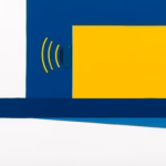 Suprematist abstract painting in the style of Kazimir Malevich, featuring a modern pool alarm sensor mounted on the edge of a rectangular swimming pool and emitting bold sound waves over the water. Minimalist composition of bold navy blue and vibrant yellow geometric shapes on a stark white background. Flat textures, sharp edges, avant-garde electrical concept. No humans, no text overlay.