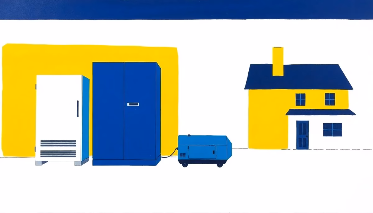 Suprematist abstract painting in the style of Kazimir Malevich featuring a portable backup power station and a generator beside a refrigerator and a house. Minimalist composition of bold navy blue and vibrant yellow geometric shapes on a stark white background. Flat textures, sharp edges, avant-garde electrical concept. No humans, no text.