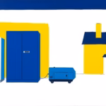Suprematist abstract painting in the style of Kazimir Malevich featuring a portable backup power station and a generator beside a refrigerator and a house. Minimalist composition of bold navy blue and vibrant yellow geometric shapes on a stark white background. Flat textures, sharp edges, avant-garde electrical concept. No humans, no text.