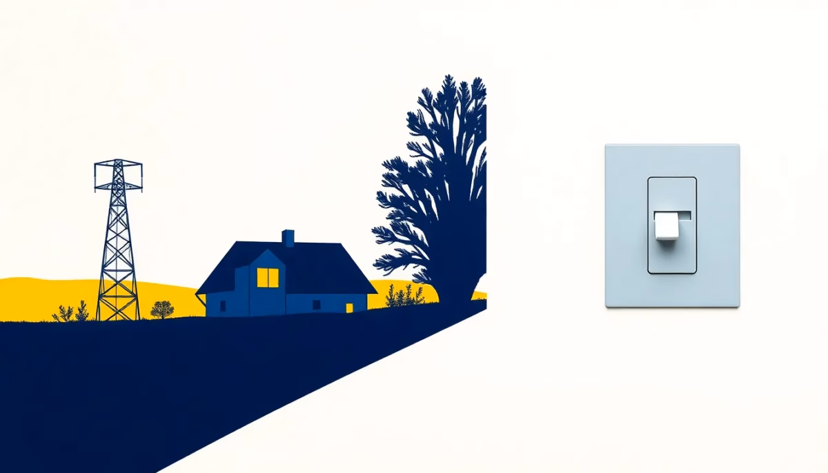 Suprematist abstract painting inspired by Kazimir Malevich showing a rural countryside house glowing warmly at dusk, connected to a smartphone icon emitting signal waves toward a communication tower and a light switch icon. Minimalist avant-garde composition of bold navy blue and vibrant yellow geometric shapes on a stark white background. Flat textures, sharp edges, futuristic smart home electrical concept. No humans, no text, no typography.