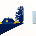 Suprematist abstract painting inspired by Kazimir Malevich showing a rural countryside house glowing warmly at dusk, connected to a smartphone icon emitting signal waves toward a communication tower and a light switch icon. Minimalist avant-garde composition of bold navy blue and vibrant yellow geometric shapes on a stark white background. Flat textures, sharp edges, futuristic smart home electrical concept. No humans, no text, no typography.