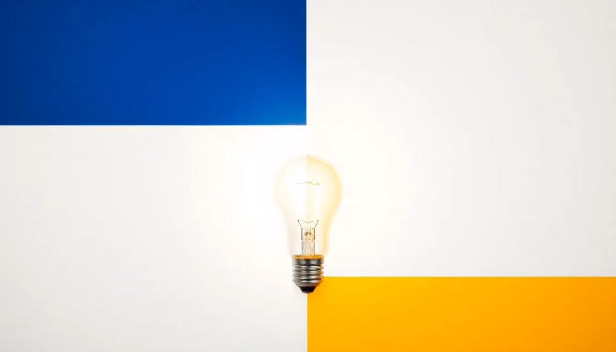 Suprematist abstract painting in the style of Kazimir Malevich, featuring a glowing LED bulb and a vintage incandescent bulb side by side, radiating geometric beams of light. Minimalist composition of bold navy blue and vibrant yellow geometric shapes on a stark white background. Flat textures, sharp edges, avant-garde electrical concept celebrating energy savings. No humans, no text, no text overlay.