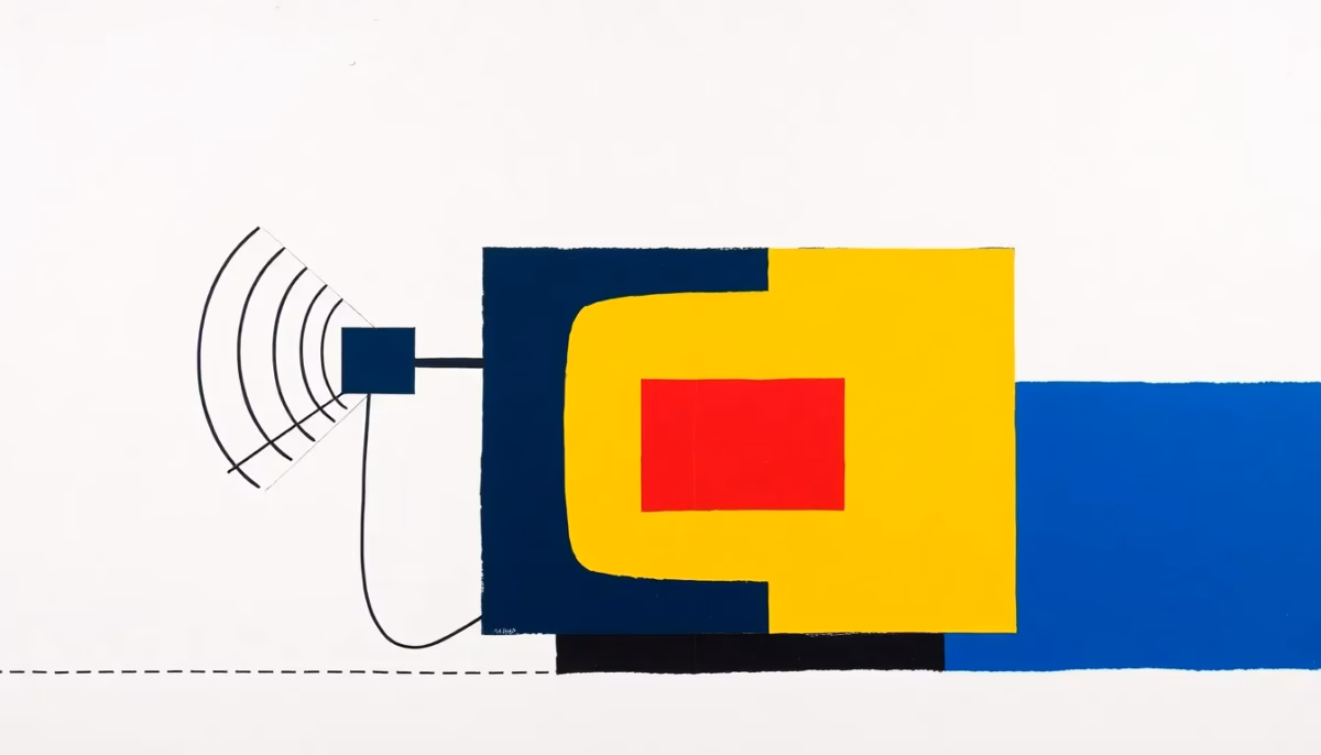 Suprematist abstract painting in the style of Kazimir Malevich, featuring a stylized TV antenna rake with radiating signal waves and a geometric television screen. Minimalist composition of bold navy blue and vibrant yellow geometric shapes on a stark white background. Flat textures, sharp edges, avant-garde electrical concept. No humans, no text, no text overlay.