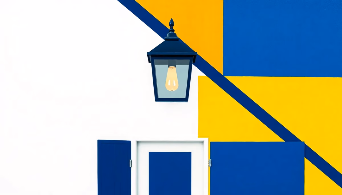 Suprematist abstract painting inspired by Kazimir Malevich, featuring a modern outdoor LED wall lantern mounted above a front entrance door. Minimalist composition of bold navy blue and vibrant yellow geometric shapes on a stark white background, flat textures, sharp edges, avant-garde electrical concept art. No humans, no text overlay.