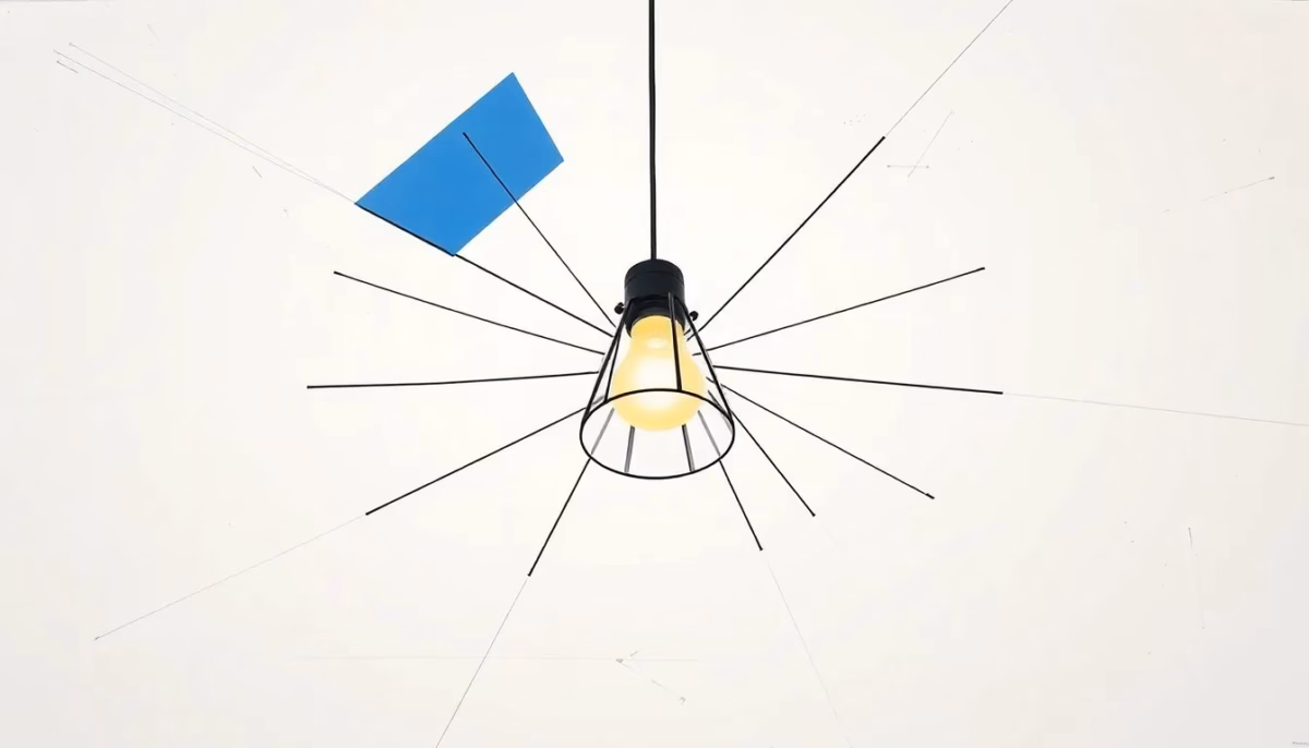 Suprematist abstract painting inspired by Kazimir Malevich featuring a ceiling light fixture surrounded by geometric spider web forms. Minimalist composition with bold navy blue and vibrant yellow geometric shapes on a stark white background. Flat textures, sharp edges, avant-garde electrical concept. No humans, no text.