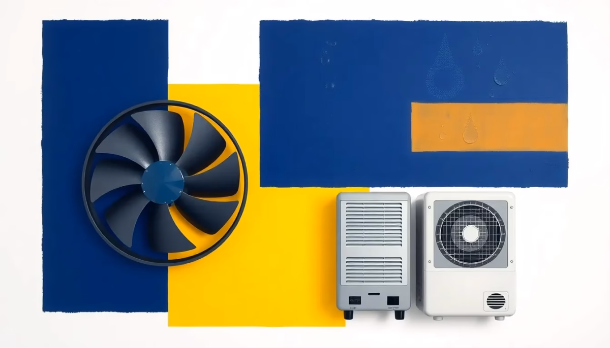 Suprematist abstract painting inspired by Kazimir Malevich depicting a garage air extractor fan, water droplets and a dehumidifier unit. Minimalist composition of bold navy blue and vibrant yellow geometric shapes on a stark white background. Flat textures, sharp edges, avant-garde electrical concept. No humans, no text.
