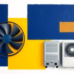 Suprematist abstract painting inspired by Kazimir Malevich depicting a garage air extractor fan, water droplets and a dehumidifier unit. Minimalist composition of bold navy blue and vibrant yellow geometric shapes on a stark white background. Flat textures, sharp edges, avant-garde electrical concept. No humans, no text.