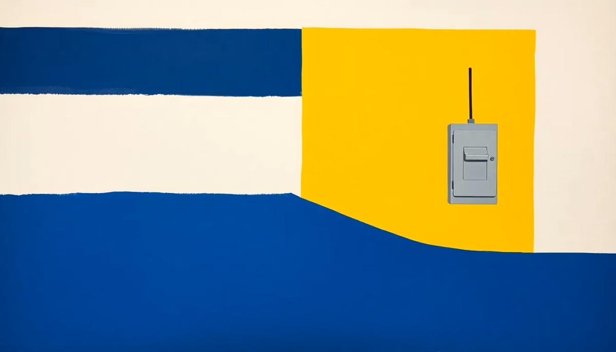 Suprematist abstract painting in the style of Kazimir Malevich featuring a buried septic tank and an electrical circuit breaker. Minimalist composition of bold navy blue and vibrant yellow geometric shapes on a stark white background. Flat textures, sharp edges, avant-garde electrical concept connecting wastewater treatment and home electrical safety. No humans, no text, no text overlay.