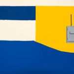 Suprematist abstract painting in the style of Kazimir Malevich featuring a buried septic tank and an electrical circuit breaker. Minimalist composition of bold navy blue and vibrant yellow geometric shapes on a stark white background. Flat textures, sharp edges, avant-garde electrical concept connecting wastewater treatment and home electrical safety. No humans, no text, no text overlay.