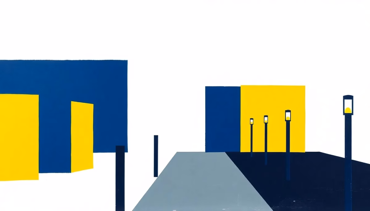 Suprematist abstract painting in the style of Kazimir Malevich featuring garden bollard lights lining a pathway. Minimalist composition of bold navy blue and vibrant yellow geometric shapes on a stark white background. Flat textures, sharp edges, avant-garde electrical lighting concept. No humans, no text overlay.