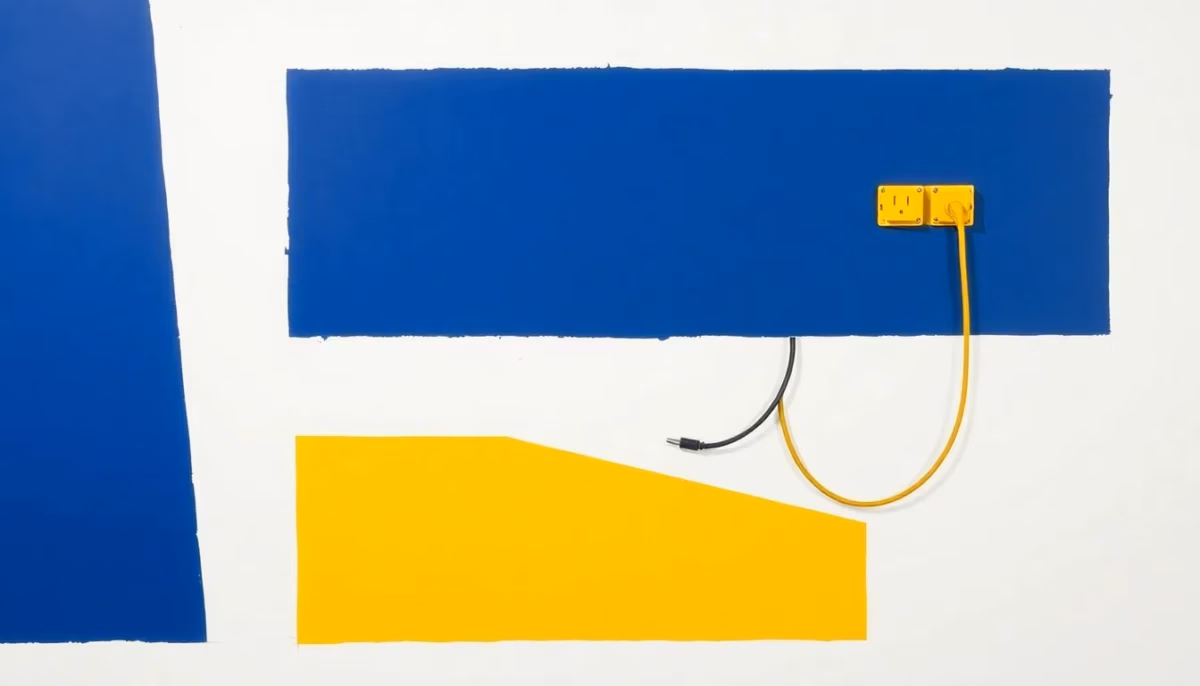 Suprematist abstract painting by Kazimir Malevich featuring a wall junction box with electric cables. Minimalist composition of bold navy blue and vibrant yellow geometric shapes on a stark white background. Flat textures, sharp edges, avant-garde electrical concept. No humans, no text.