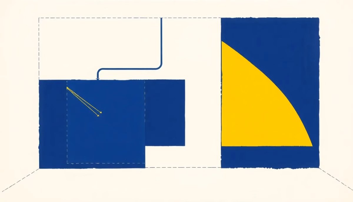 Suprematist abstract painting in the style of Kazimir Malevich featuring a geometric electrical junction box mounted inside a humid garage, surrounded by stylized circulating air streams. Minimalist composition of bold navy blue and vibrant yellow geometric shapes on a stark white background. Flat textures, sharp edges, avant-garde electrical concept. No humans, no text overlay.