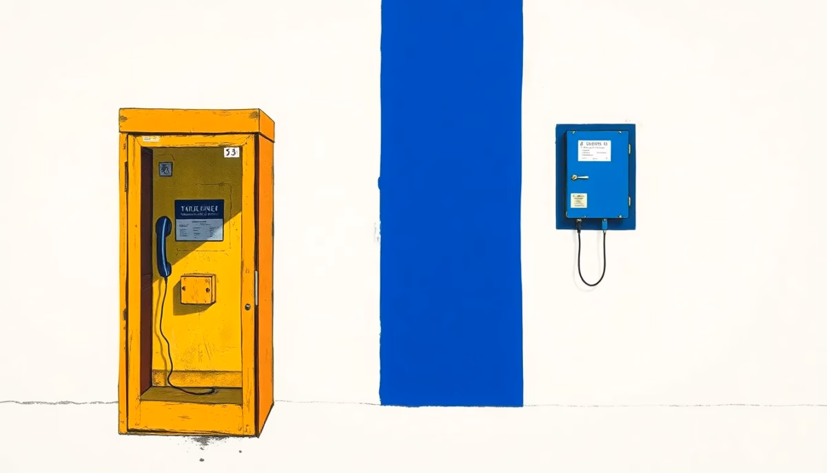 Suprematist abstract painting in the style of Kazimir Malevich featuring an old grey telephone booth and a wall-mounted telecom junction box on a house facade. Minimalist composition of bold navy blue and vibrant yellow geometric shapes on a stark white background. Flat textures, sharp edges, avant-garde electrical concept. ##no humans##, ##no text##