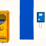 Suprematist abstract painting in the style of Kazimir Malevich featuring an old grey telephone booth and a wall-mounted telecom junction box on a house facade. Minimalist composition of bold navy blue and vibrant yellow geometric shapes on a stark white background. Flat textures, sharp edges, avant-garde electrical concept. ##no humans##, ##no text##