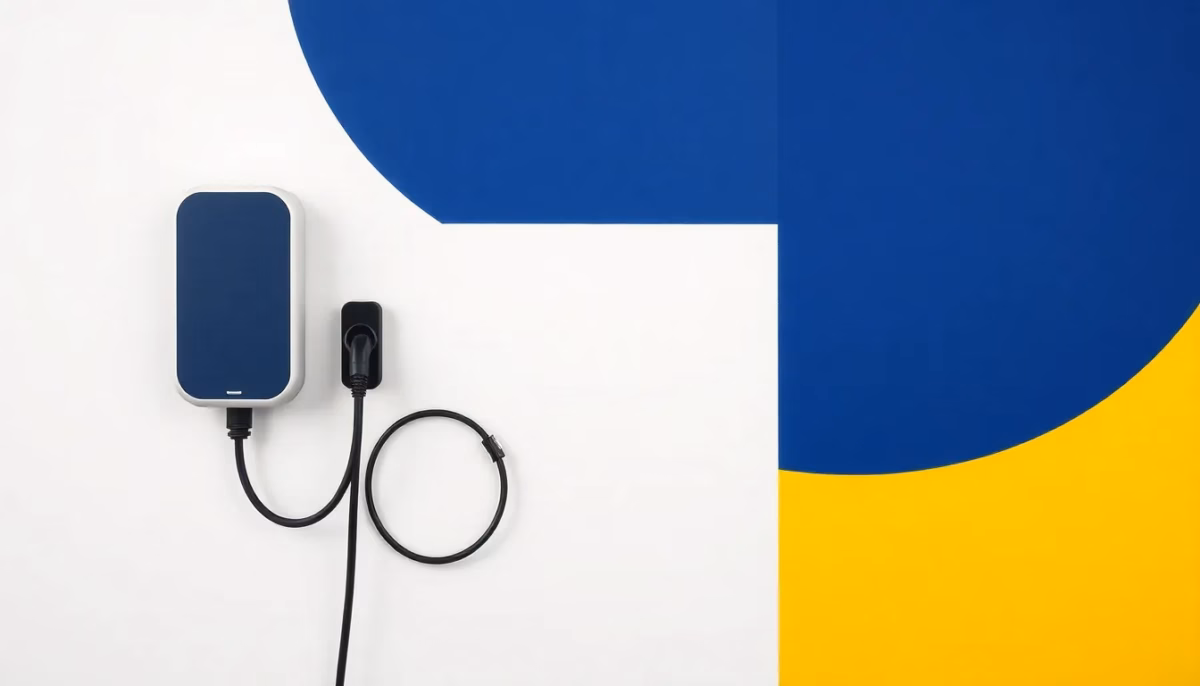 Suprematist abstract painting inspired by Kazimir Malevich featuring a wall-mounted electric vehicle charging station with a coiled Type 2 cable beside a small portable charging brick. Minimalist composition of bold navy blue and vibrant yellow geometric shapes on a stark white background. Flat textures, sharp edges, avant-garde electrical concept, no humans, no text, no text overlay.