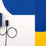 Suprematist abstract painting inspired by Kazimir Malevich featuring a wall-mounted electric vehicle charging station with a coiled Type 2 cable beside a small portable charging brick. Minimalist composition of bold navy blue and vibrant yellow geometric shapes on a stark white background. Flat textures, sharp edges, avant-garde electrical concept, no humans, no text, no text overlay.