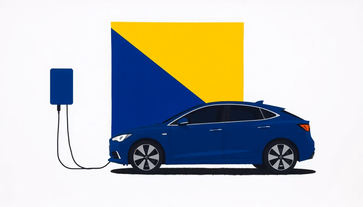 Suprematist abstract painting by Kazimir Malevich featuring an electric car connected to a wallbox charger at night. Minimalist composition of bold navy blue and vibrant yellow geometric shapes on a stark white background. Flat textures, sharp edges, avant-garde electrical concept. No humans, no text.