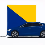 Suprematist abstract painting by Kazimir Malevich featuring an electric car connected to a wallbox charger at night. Minimalist composition of bold navy blue and vibrant yellow geometric shapes on a stark white background. Flat textures, sharp edges, avant-garde electrical concept. No humans, no text.
