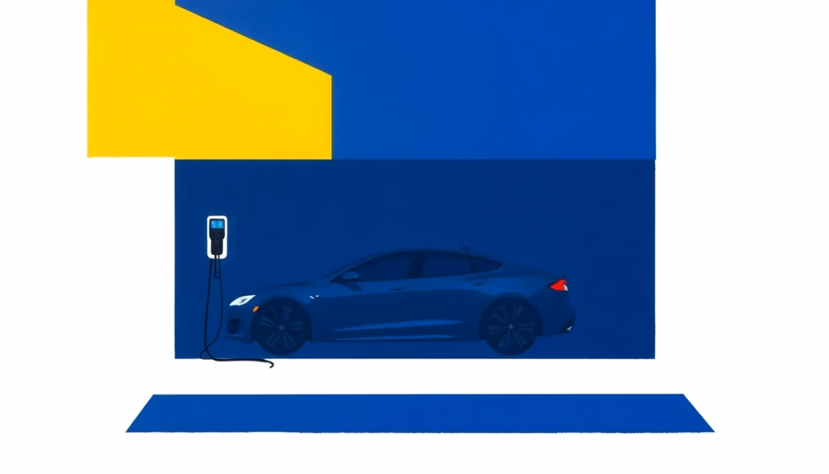 Suprematist abstract painting inspired by Kazimir Malevich featuring an electric car charging station in a detached backyard garage with a long cable line crossing the garden. Minimalist composition of bold navy blue and vibrant yellow geometric shapes on a stark white background. Flat textures, sharp edges, avant-garde electrical concept. ##no humans##, ##no text##
