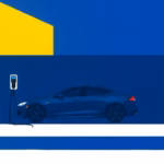 Suprematist abstract painting inspired by Kazimir Malevich featuring an electric car charging station in a detached backyard garage with a long cable line crossing the garden. Minimalist composition of bold navy blue and vibrant yellow geometric shapes on a stark white background. Flat textures, sharp edges, avant-garde electrical concept. ##no humans##, ##no text##