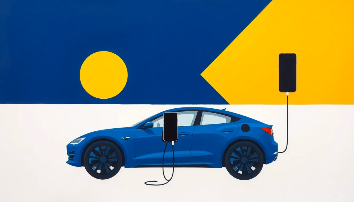 Suprematist abstract painting in the style of Kazimir Malevich featuring an electric vehicle charging station connected to a smartphone through wireless signal waves. Minimalist composition of bold navy blue and vibrant yellow geometric shapes on a stark white background. Flat textures, sharp edges, avant-garde electrical concept. No humans, no text, no text overlay.