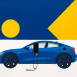 Suprematist abstract painting in the style of Kazimir Malevich featuring an electric vehicle charging station connected to a smartphone through wireless signal waves. Minimalist composition of bold navy blue and vibrant yellow geometric shapes on a stark white background. Flat textures, sharp edges, avant-garde electrical concept. No humans, no text, no text overlay.