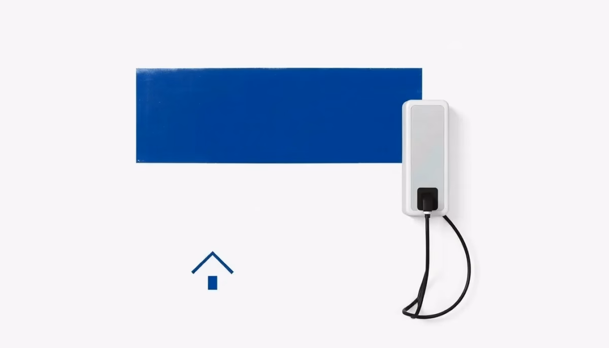 Suprematist abstract painting featuring a sleek wall-mounted EV charging station with a coiled cable beside a small house silhouette. Minimalist composition of bold navy blue and vibrant yellow geometric shapes on a stark white background. Flat textures, sharp edges, avant-garde electrical concept. No humans, no text overlay.