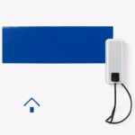 Suprematist abstract painting featuring a sleek wall-mounted EV charging station with a coiled cable beside a small house silhouette. Minimalist composition of bold navy blue and vibrant yellow geometric shapes on a stark white background. Flat textures, sharp edges, avant-garde electrical concept. No humans, no text overlay.