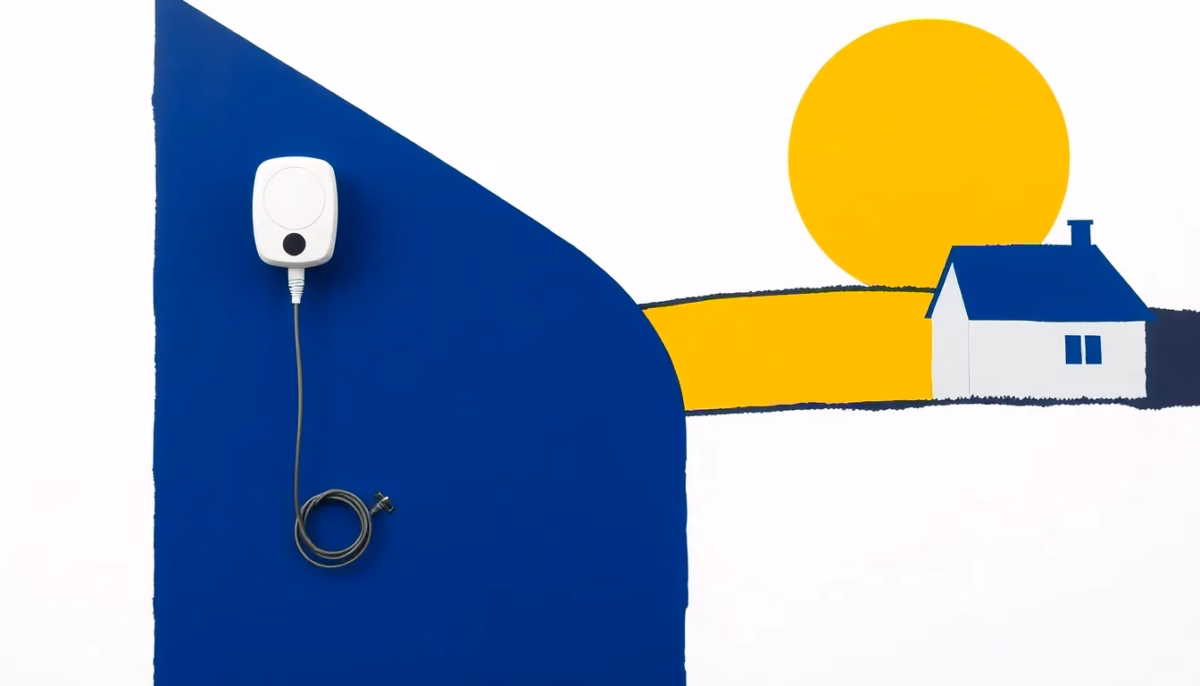Suprematist abstract painting inspired by Kazimir Malevich featuring a wall-mounted electric vehicle charging station with a coiled cable, standing beside a small countryside second home silhouette and a tiny electric car shape. Minimalist composition of bold navy blue and vibrant yellow geometric shapes on a stark white background. Flat textures, sharp edges, avant-garde electrical concept. No humans, no text.