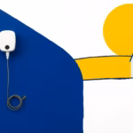 Suprematist abstract painting inspired by Kazimir Malevich featuring a wall-mounted electric vehicle charging station with a coiled cable, standing beside a small countryside second home silhouette and a tiny electric car shape. Minimalist composition of bold navy blue and vibrant yellow geometric shapes on a stark white background. Flat textures, sharp edges, avant-garde electrical concept. No humans, no text.