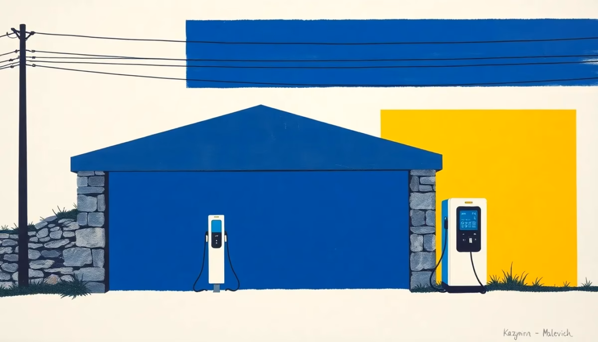 Suprematist abstract painting in the style of Kazimir Malevich depicting an old rural stone garage with a modern electric vehicle charging wallbox mounted on its wall and overhead power lines crossing the sky. Minimalist composition of bold navy blue and vibrant yellow geometric shapes on a stark white background. Flat textures, sharp edges, avant-garde electrical concept. No humans, no text overlay.