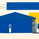 Suprematist abstract painting in the style of Kazimir Malevich depicting an old rural stone garage with a modern electric vehicle charging wallbox mounted on its wall and overhead power lines crossing the sky. Minimalist composition of bold navy blue and vibrant yellow geometric shapes on a stark white background. Flat textures, sharp edges, avant-garde electrical concept. No humans, no text overlay.