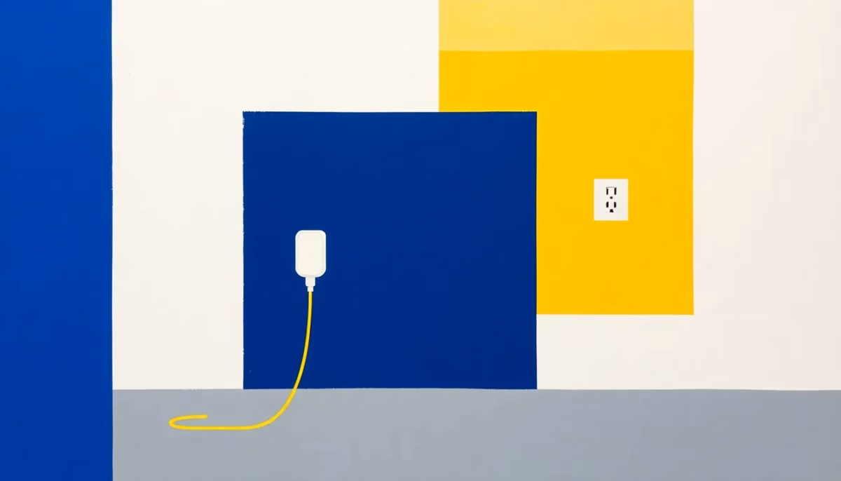 Suprematist abstract painting by Kazimir Malevich featuring an electric car charging station with a power cable and a wall socket. Minimalist composition of bold navy blue and vibrant yellow geometric shapes on a stark white background. Flat textures, sharp edges, avant-garde electrical concept. No humans, no text overlay.