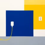 Suprematist abstract painting by Kazimir Malevich featuring an electric car charging station with a power cable and a wall socket. Minimalist composition of bold navy blue and vibrant yellow geometric shapes on a stark white background. Flat textures, sharp edges, avant-garde electrical concept. No humans, no text overlay.