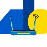 Suprematist abstract painting inspired by Kazimir Malevich featuring a modern wireless router surrounded by WiFi signal waves. Minimalist composition with bold navy blue and vibrant yellow geometric shapes on a stark white background. Flat textures, sharp edges, avant-garde electrical and connectivity concept. No humans, no text, no watermarks.