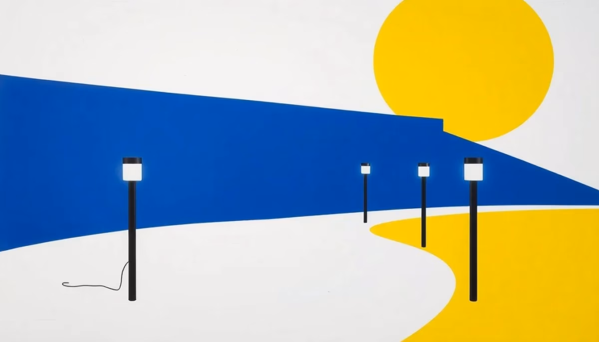 Suprematist abstract painting in the style of Kazimir Malevich featuring solar and wired garden bollards lighting a winding path through a large garden at night. Minimalist composition of bold navy blue and vibrant yellow geometric shapes on a stark white background. Flat textures, sharp edges, avant-garde electrical concept, no humans, no text.