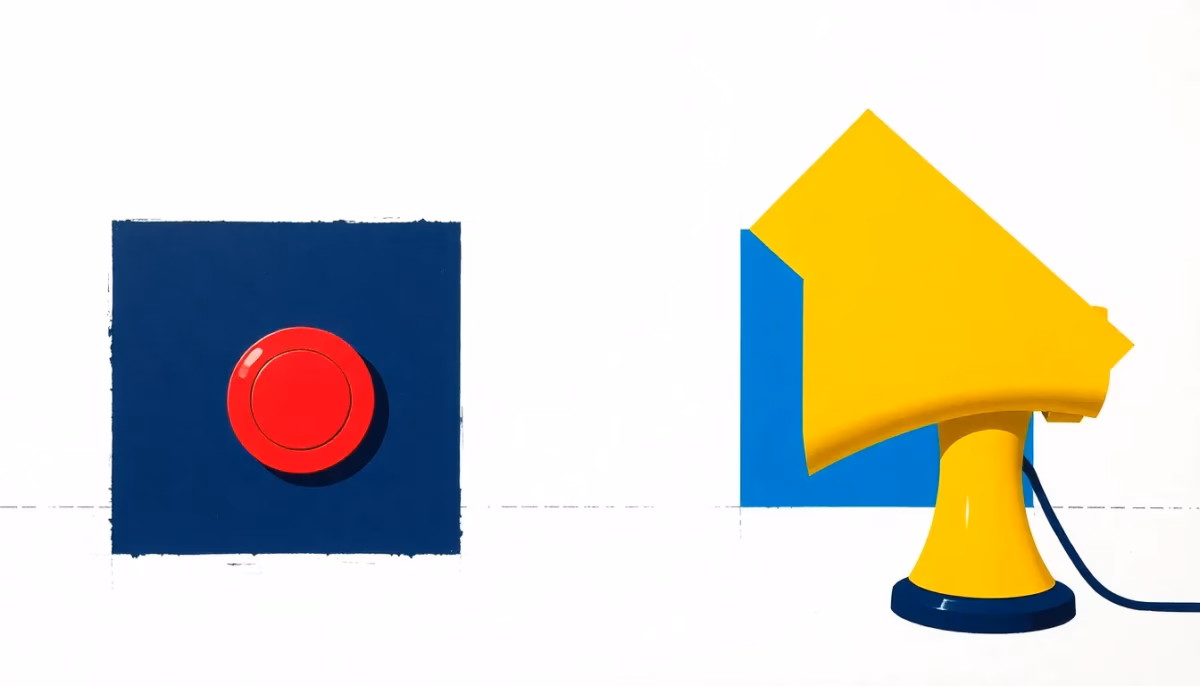 Suprematist abstract painting in the style of Kazimir Malevich featuring a large round emergency alert button beside an electric power plug and a warning siren. Minimalist composition of bold navy blue and vibrant yellow geometric shapes on a stark white background. Flat textures, sharp edges, avant-garde electrical concept, no humans, no text, no lettering.