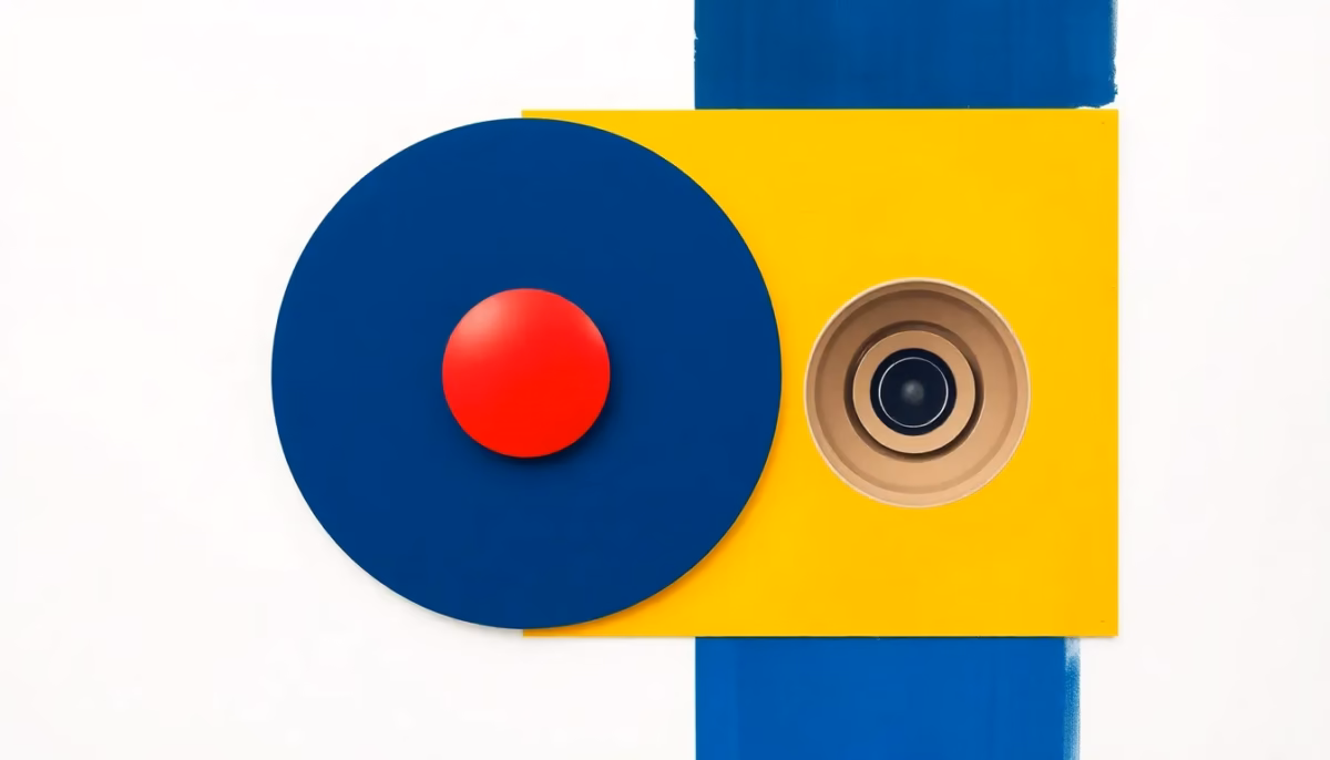 Suprematist abstract painting by Kazimir Malevich featuring a large round wired emergency call button and a rectangular loudspeaker hub. Minimalist composition of bold navy blue and vibrant yellow geometric shapes on a stark white background. Flat textures, sharp edges, avant-garde electrical concept. ##no humans##, ##no text##