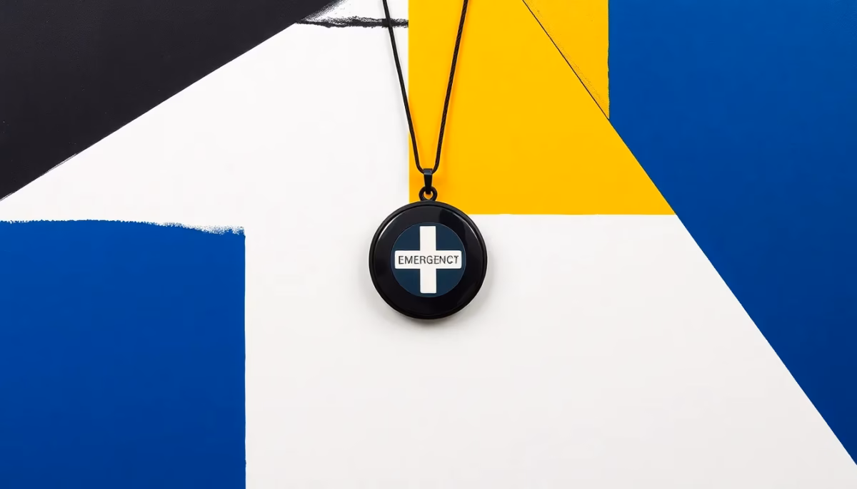 Suprematist abstract painting inspired by Kazimir Malevich featuring a wearable emergency call button and pendant alarm. Minimalist composition of bold navy blue and vibrant yellow geometric shapes on a stark white background. Flat textures, sharp edges, avant-garde electrical concept. ##no humans##, ##no text##.