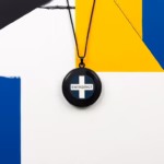 Suprematist abstract painting inspired by Kazimir Malevich featuring a wearable emergency call button and pendant alarm. Minimalist composition of bold navy blue and vibrant yellow geometric shapes on a stark white background. Flat textures, sharp edges, avant-garde electrical concept. ##no humans##, ##no text##.