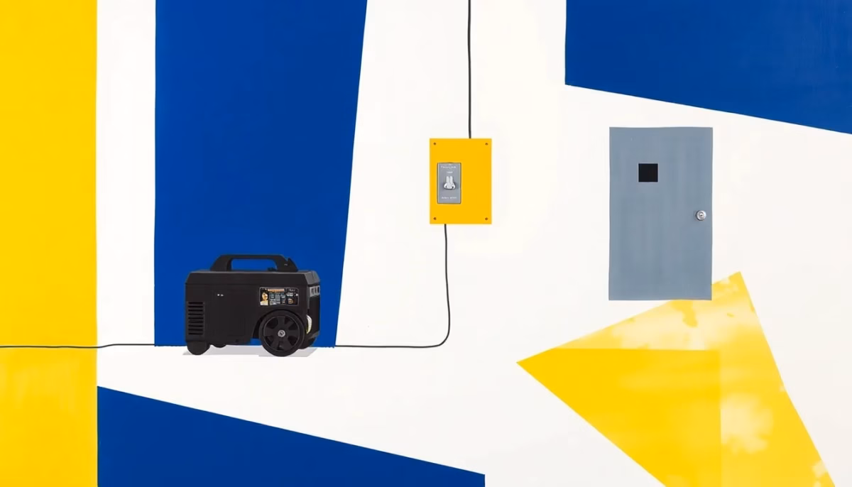 Suprematist abstract painting by Kazimir Malevich featuring a portable power generator connected to a residential electrical panel through a transfer switch. Minimalist composition of bold navy blue and vibrant yellow geometric shapes on a stark white background. Flat textures, sharp edges, avant-garde electrical concept. No humans, no text.