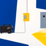 Suprematist abstract painting by Kazimir Malevich featuring a portable power generator connected to a residential electrical panel through a transfer switch. Minimalist composition of bold navy blue and vibrant yellow geometric shapes on a stark white background. Flat textures, sharp edges, avant-garde electrical concept. No humans, no text.