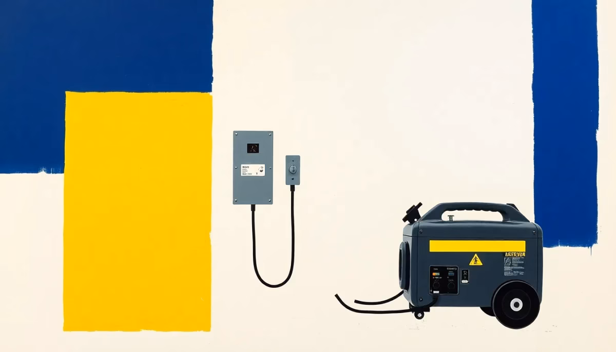 Suprematist abstract painting in the style of Kazimir Malevich featuring a portable power generator connected to a transfer switch wired into a home electrical panel. Minimalist composition of bold navy blue and vibrant yellow geometric shapes on a stark white background. Flat textures, sharp edges, avant-garde electrical concept, no humans, no text, no text overlay.
