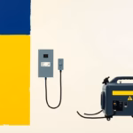 Suprematist abstract painting in the style of Kazimir Malevich featuring a portable power generator connected to a transfer switch wired into a home electrical panel. Minimalist composition of bold navy blue and vibrant yellow geometric shapes on a stark white background. Flat textures, sharp edges, avant-garde electrical concept, no humans, no text, no text overlay.