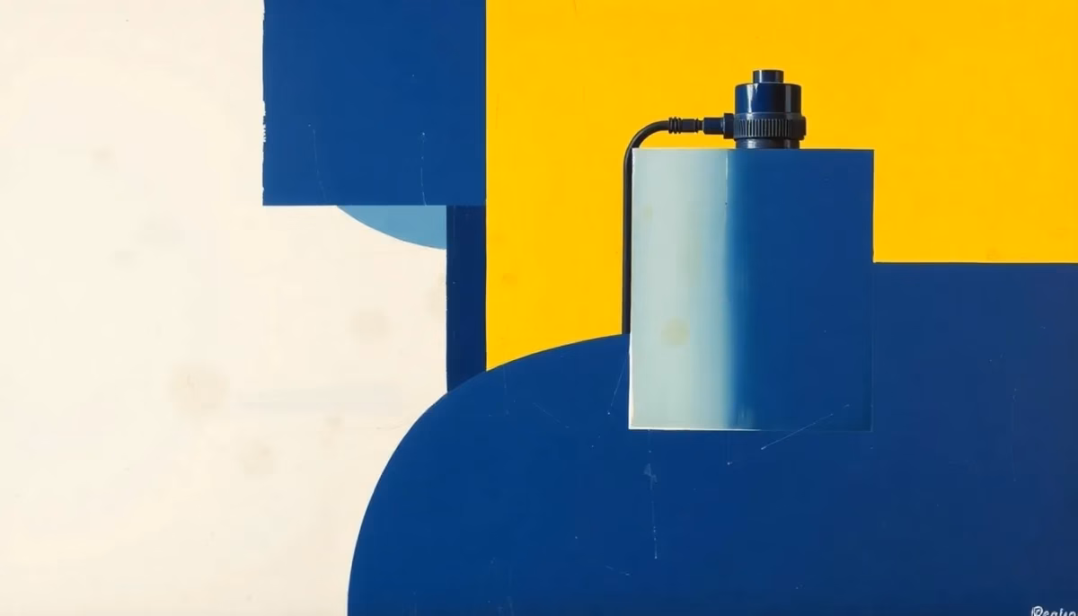 Suprematist abstract painting inspired by Kazimir Malevich featuring a submersible water pump and a well head. Minimalist composition of bold navy blue and vibrant yellow geometric shapes on a stark white background. Flat textures, sharp edges, avant-garde electrical concept. No humans, no text, no lettering.