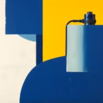 Suprematist abstract painting inspired by Kazimir Malevich featuring a submersible water pump and a well head. Minimalist composition of bold navy blue and vibrant yellow geometric shapes on a stark white background. Flat textures, sharp edges, avant-garde electrical concept. No humans, no text, no lettering.