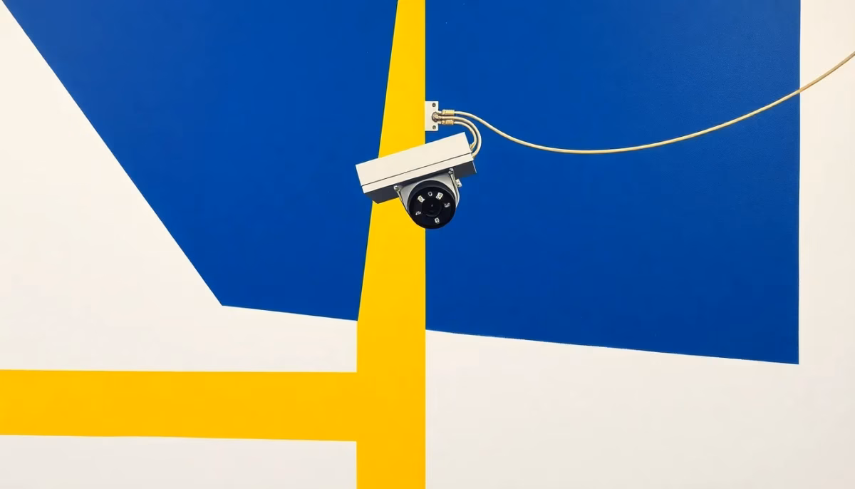 Suprematist abstract painting by Kazimir Malevich featuring a modern outdoor surveillance camera and electrical power cables. Minimalist composition of bold navy blue and vibrant yellow geometric shapes on a stark white background. Flat textures, sharp edges, avant-garde electrical concept, clean geometric abstraction. No humans, no text overlay.