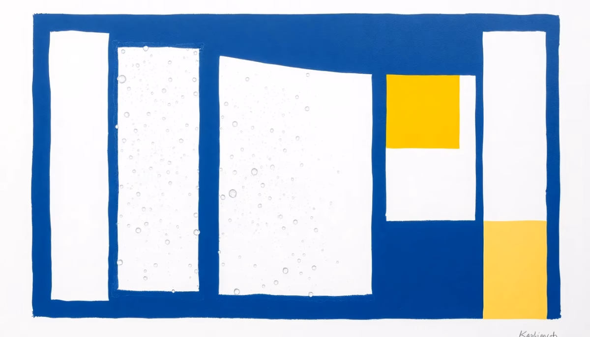 Suprematist abstract painting in the style of Kazimir Malevich depicting a rectangular window pane covered in condensation droplets and cold morning mist. Minimalist avant-garde composition of bold navy blue and vibrant yellow geometric shapes on a stark white background, flat textures, sharp edges, subtle electrical theme. No humans, no text overlay.